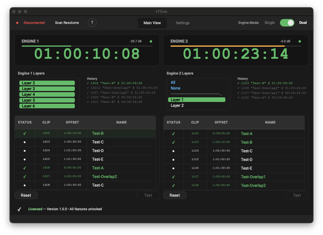 LTCue dual engine mode showing two independent LTC engines running simultaneously